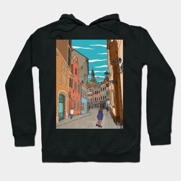 Downtown Riga Latvia Whimsical Retro Inspired Illustration Hoodie by Wall-Art-Sketch
